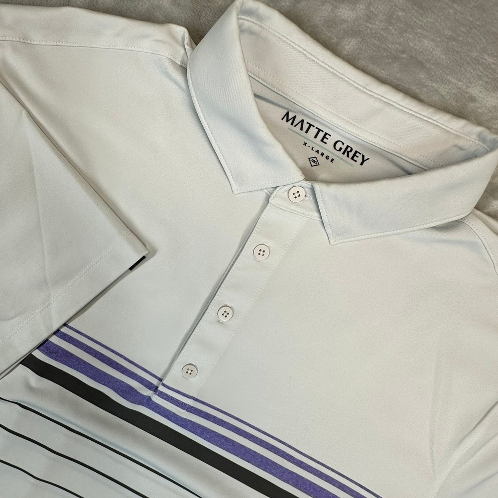 Matte Grey Polo Shirt Mens XL Grey Striped Performance Golf Short Sleeve MG